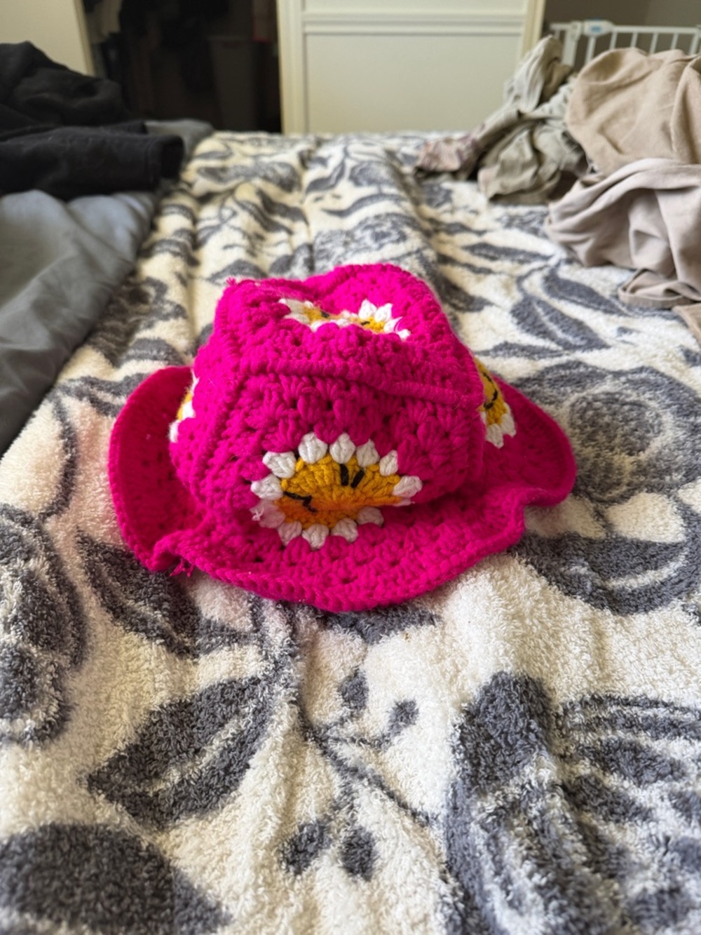 Handmade Crochet Bucket Hat - Hot Pink Daisy Accent